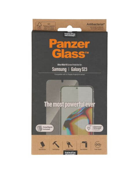 PanzerGlass Ultra-Wide Fit Anti-Bacterial Screenprotector incl. applicator Samsung Galaxy S23 - Zwart / Schwarz / Black