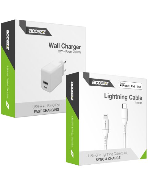 Wall Charger 20W + USB-C naar Lightning kabel - 1 meter -Wit - Zwart