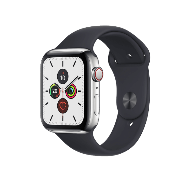 Refurbished Apple Watch Serie 5 | 44mm | Stainless Steel Silber | Mitternachtsblaues Sportarmband | GPS | WiFi + 4G