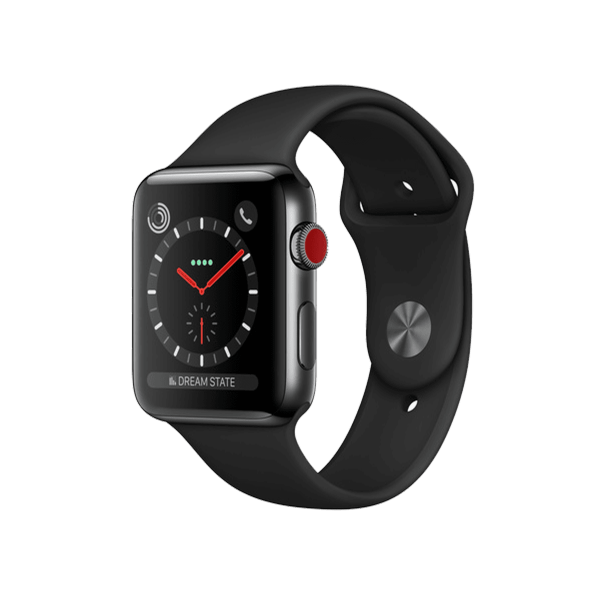 Refurbished Apple Watch Serie 3 | 42mm | Stainless Steel Schwarz | Schwarzes Sportarmband | GPS | WiFi + 4G