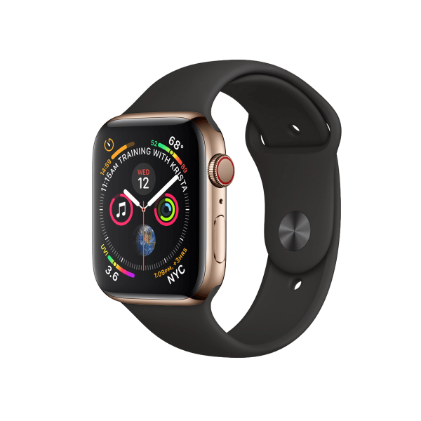 Refurbished Apple Watch Serie 4 | 44mm | Stainless Steel Gold | Schwarzes Sportarmband | GPS | WiFi + 4G