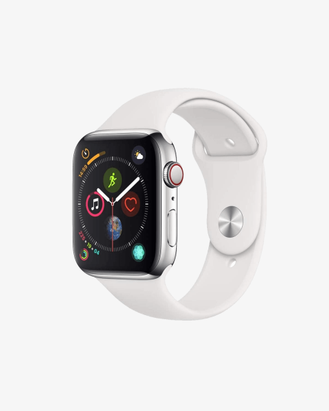 Refurbished Apple Watch Serie 4 | 44mm | Stainless Silber | Weißes Sportarmband | GPS | WiFi + 4G