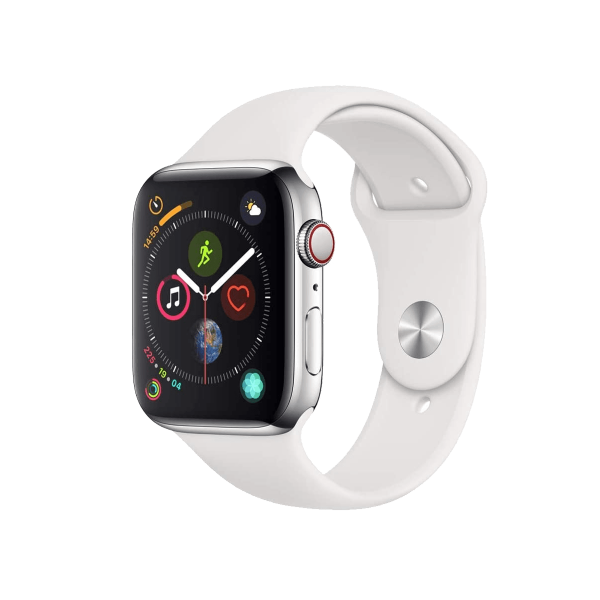 Refurbished Apple Watch Serie 4 | 44mm | Stainless Steel Silber | Weißes Sportarmband | GPS | WiFi