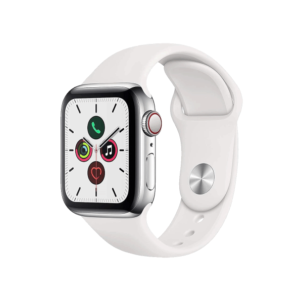 Refurbished Apple Watch Serie 5 | 40mm | Stainless Steel Silber | Weißes Sportarmband | GPS | WiFi + 4G