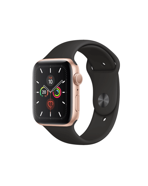 Refurbished Apple Watch Serie 5 | 44mm | Aluminiumgehäuse Gold | Schwarzes Sportarmband | GPS | WLAN + 4G