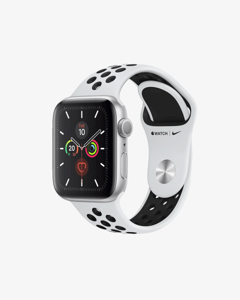 Apple Watch Serie 5 | 44mm | Aluminium Silber | Weiß/Schwarz Nike Sportarmband | GPS | WiFi + 4G
