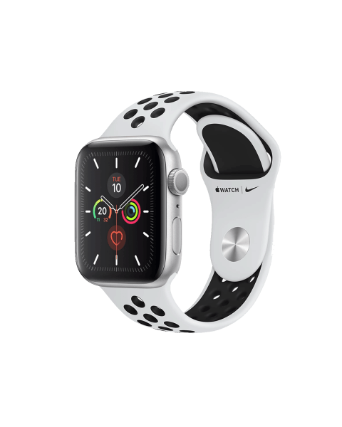 Apple Watch Serie 5 | 44mm | Aluminium Silber | Weiß/Schwarz Nike Sportarmband | GPS | WiFi + 4G