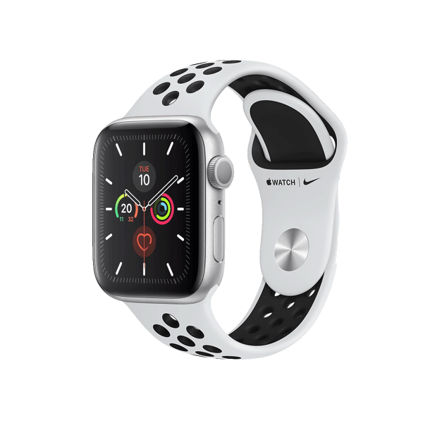 Refurbished Apple Watch Serie 5 | 44mm | Aluminium Silber | Weiß/Schwarzes Nike Sportarmband | GPS | WiFi + 4G