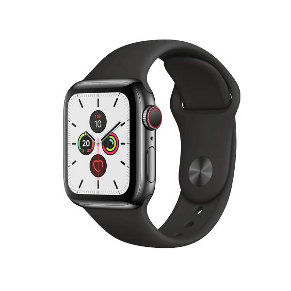 Refurbished Apple Watch Serie 5 | 40mm | Stainless Steel Schwarz | Schwarzes Sportarmband | GPS | WiFi + 4G