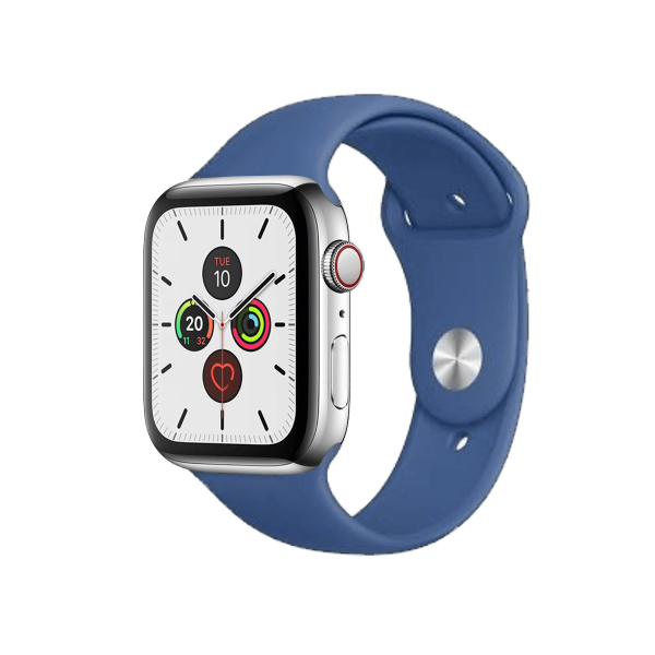 Refurbished Apple Watch Serie 5 | 44mm | Edelstahlgehäuse Silber | Delfter Blau Sportband | GPS | WLAN + 4G