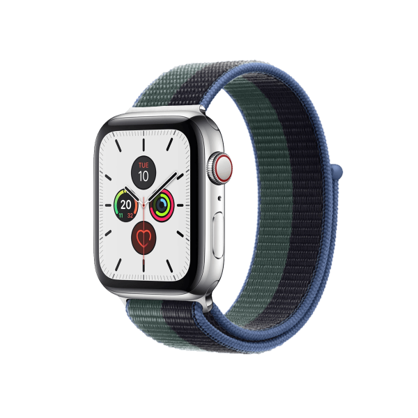 Refurbished Apple Watch Serie 5 | 44mm | Stainless Steel Silber | Blau/Grün Sportarmband | GPS | WiFi + 4G