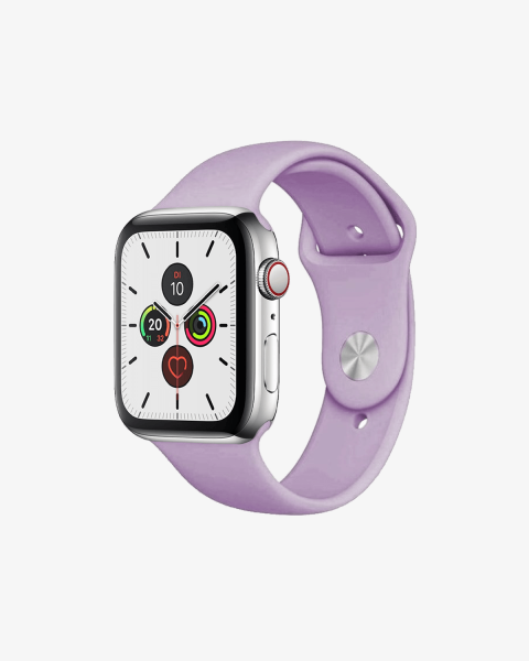 Refurbished Apple Watch Serie 5 | 44mm | Stainless Steel Silber | Lila Sportarmband | GPS | WiFi + 4G