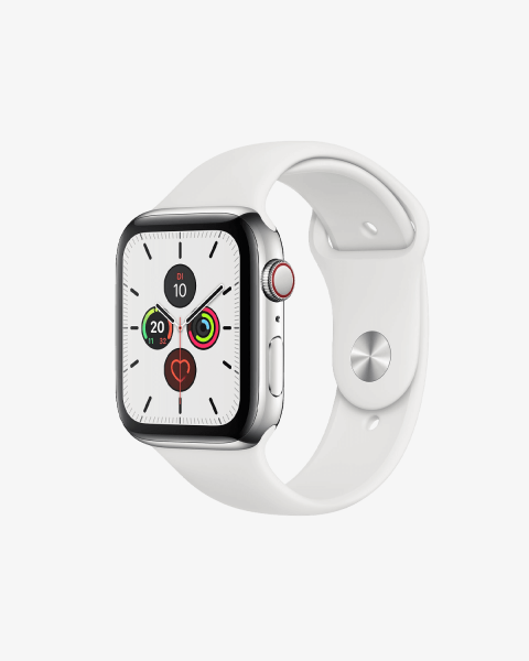 Refurbished Apple Watch Serie 5 | 44mm | Stainless Steel Silber | Weißes Sportarmband | GPS | WiFi + 4G