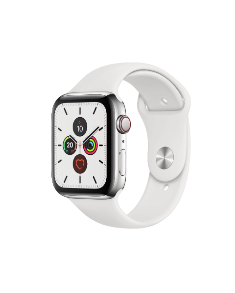 Refurbished Apple Watch Serie 5 | 44mm | Stainless Steel Silber | Weißes Sportarmband | GPS | WiFi + 4G