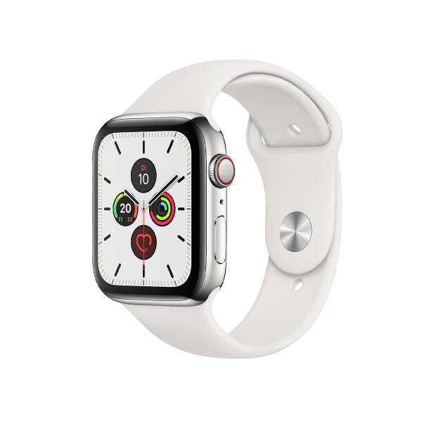 Refurbished Apple Watch Serie 5 | 44mm | Stainless Steel Silber | Weißes Sportarmband | GPS | WiFi + 4G