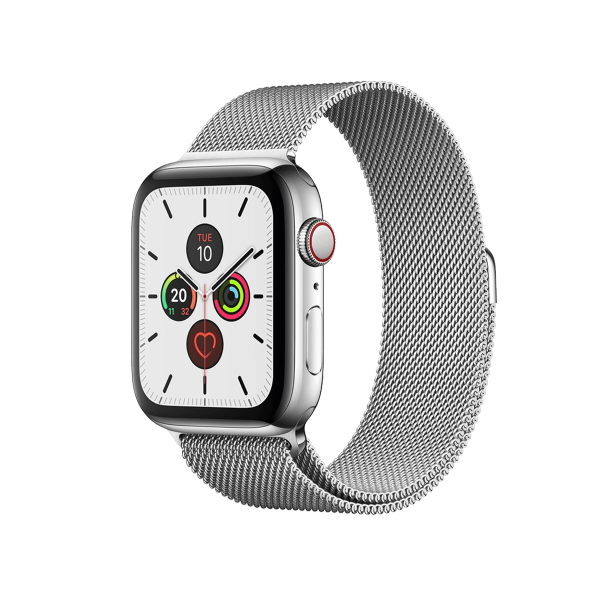 Refurbished Apple Watch Serie 5 | 44mm | Stainless Steel Silber | Silber Milanaiseband | GPS | WiFi + 4G