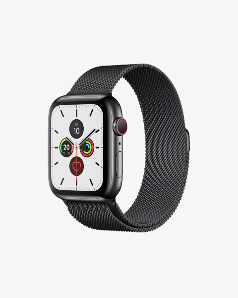Refurbished Apple Watch Serie 5 | 44mm | Stainless Steel Schwarz | Schwarzes Milanaiseband | GPS | WiFi + 4G