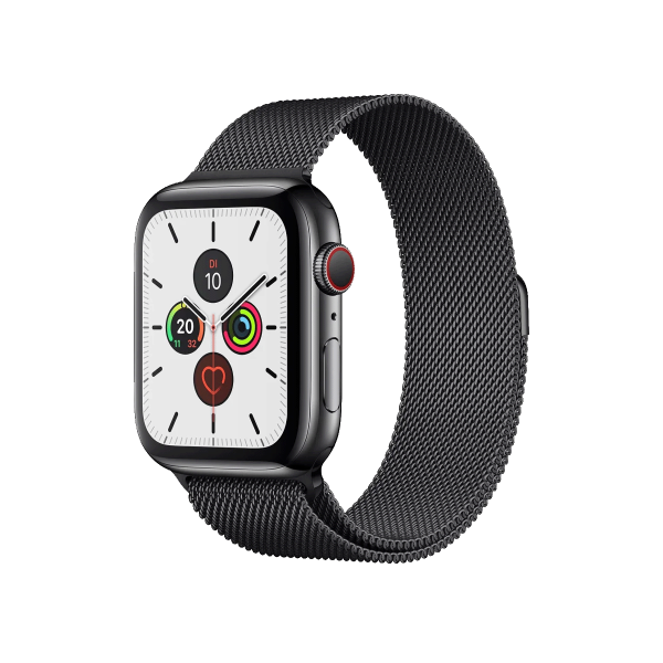 Refurbished Apple Watch Serie 5 | 44mm | Stainless Steel Schwarz | Schwarzes Milanaiseband | GPS | WiFi + 4G