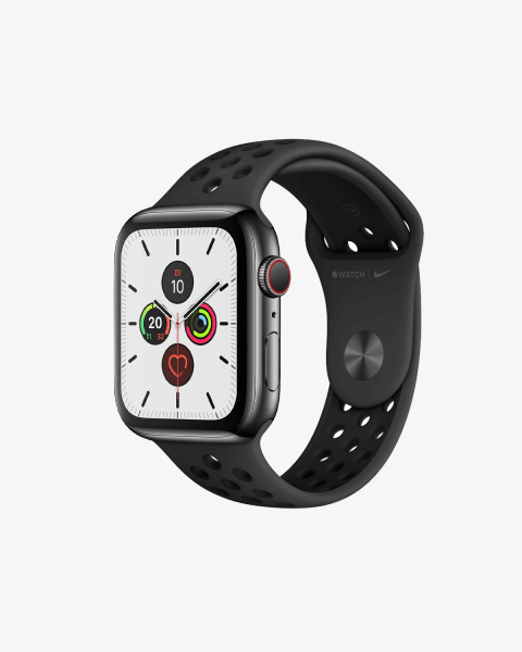Refurbished Apple Watch Series 5 | 44mm | Stainless Steel Schwarz | Schwarzes Nike Sportarmband | GPS | WiFi + 4G
