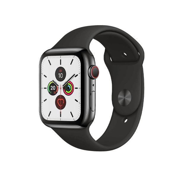 Refurbished Apple Watch Series 5 | 44mm | Stainless Steel Schwarz | Schwarzes Sportarmband | GPS | WiFi + 4G