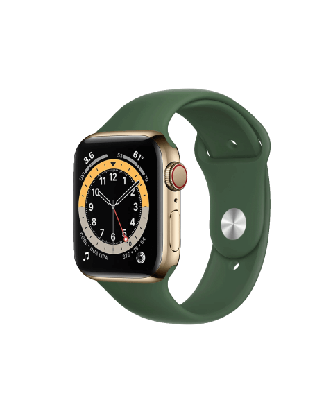 Refurbished Apple Watch Serie 6 | 44mm | Stainless Steel Gold | Grünes Sportarmband | GPS | WiFi + 4G