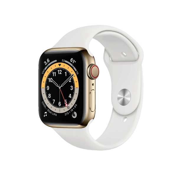 Refurbished Apple Watch Serie 6 | 44mm | Stainless Steel Gold | Weißes Sportarmband | GPS | WiFi + 4G | W1
