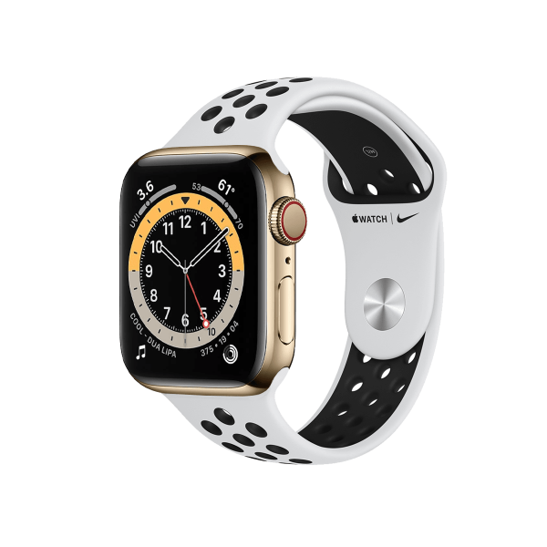 Refurbished Apple Watch Serie 6 | 44mm | Stainless Gold | Weißes Nike Sportarmband | GPS | WiFi + 4G