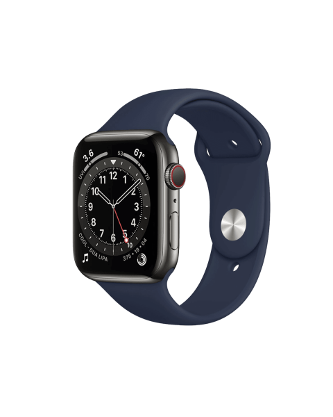 Refurbished Apple Watch Serie 6 | 44mm | Stainless Steel Graphit | Mitternachtsblaues Sportarmband | GPS | WiFi + 4G