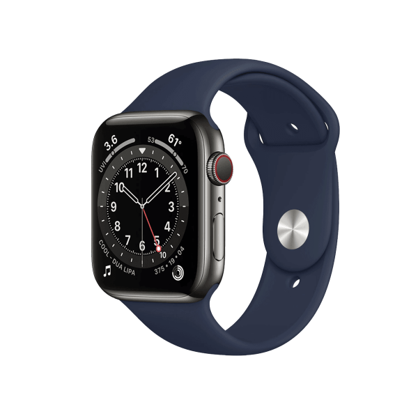 Refurbished Apple Watch Serie 6 | 44mm | Stainless Steel Graphit | Mitternachtsblaues Sportarmband | GPS | WiFi + 4G