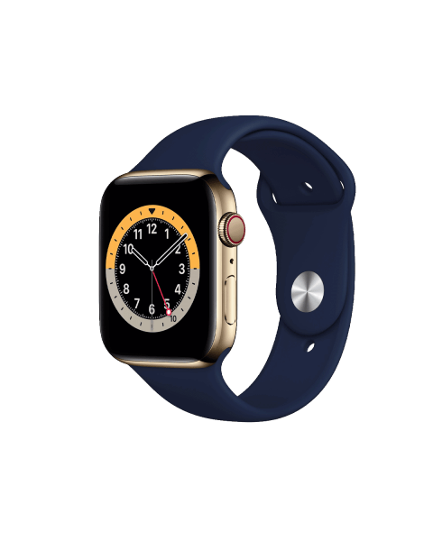 Refurbished Apple Watch Serie 6 | 44mm | Stainless Steel Gold | Deep Navy Sportarmband | GPS | WiFi + 4G