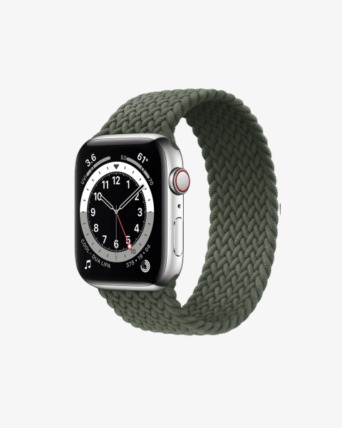 Refurbished Apple Watch Serie 6 | 44mm | Stainless Silber | Grüne geflochtene Solo Loop | GPS | WiFi + 4G