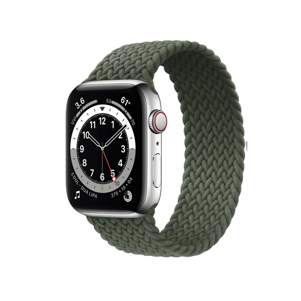 Refurbished Apple Watch Serie 6 | 44mm | Stainless Silber | Grüne geflochtene Solo Loop | GPS | WiFi + 4G