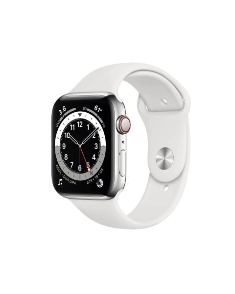 Refurbished Apple Watch Serie 6 | 44mm | Stainless Silber | Weißes Sportarmband | GPS | WiFi + 4G