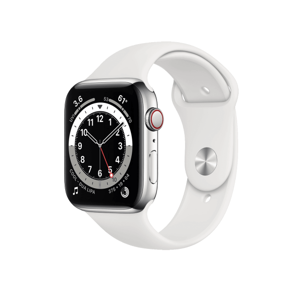 Refurbished Apple Watch Serie 6 | 44mm | Stainless Steel Silber | Weißes Sportarmband | GPS | WiFi + 4G | W1