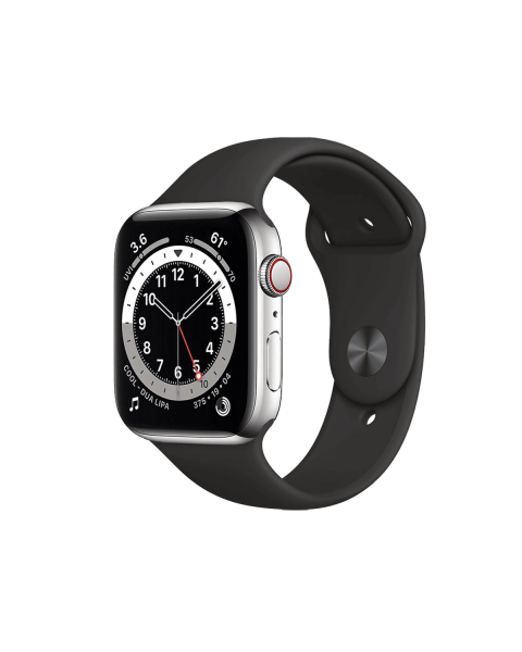 Refurbished Apple Watch Serie 6 | 44mm | Stainless Steel Silber | Schwarzes Sportarmband | GPS | WiFi + 4G