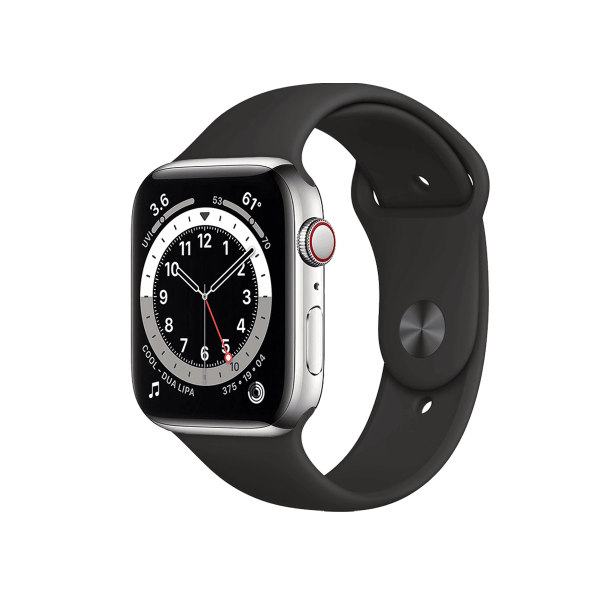 Refurbished Apple Watch Serie 6 | 44mm | Stainless Steel Silber | Schwarzes Sportarmband | GPS | WiFi + 4G