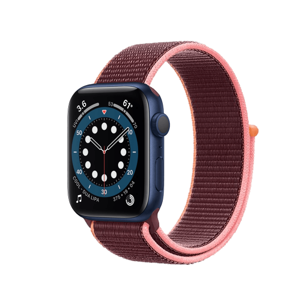 Refurbished Apple Watch Serie 6 | 44mm | Aluminum Blau | Plum Sport Loop | GPS | WiFi + 4G