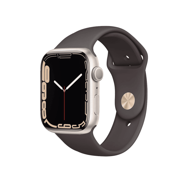 Refurbished Apple Watch Serie 7 | 45mm | Aluminium Starlight Weiß | Braunes Sportarmband | GPS | WiFi + 4G