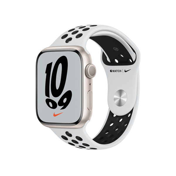 Refurbished Apple Watch Serie 7 | 45mm | Aluminium Starlight Weiß | Weißes Nike Sportarmband | GPS | WiFi