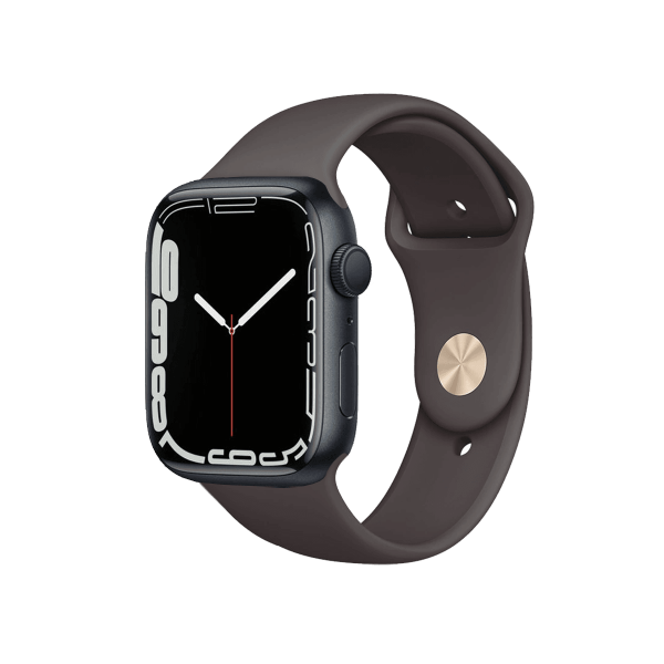 Refurbished Apple Watch Serie 7 | 45mm | Aluminium Mitternachtsblau | Braunes Sportarmband | GPS | WiFi + 4G