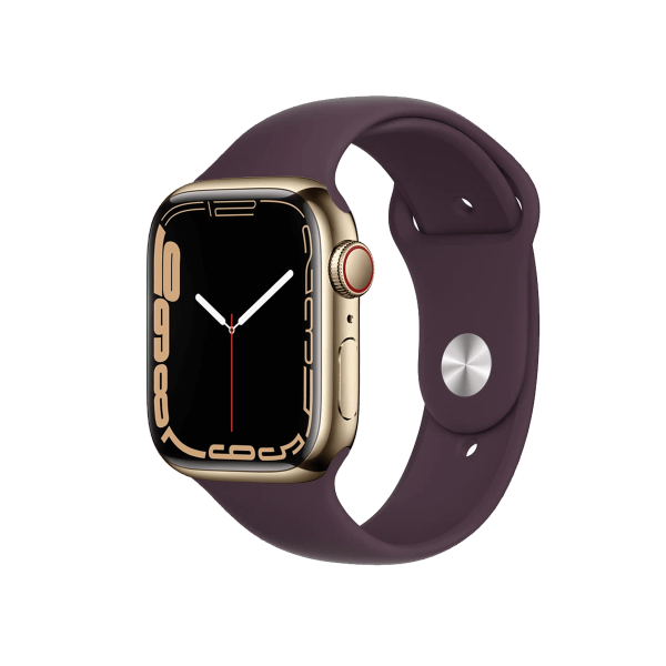 Refurbished Apple Watch Serie 7 | 45mm | Stainless Gold | Dark Cherry Sportarmband | GPS | WiFi + 4G