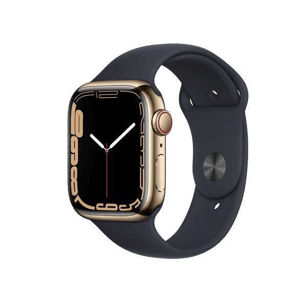 Refurbished Apple Watch Serie 7 | 45mm | Stainless Gold | Mitternachtsblaues Sportarmband | GPS | WiFi + 4G