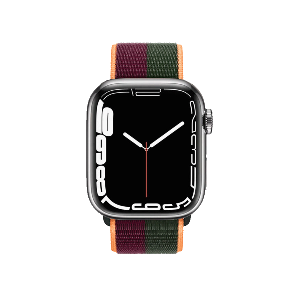 Refurbished Apple Watch Serie 7 | 45mm | Stainless Steel Silber | Dunkelkirsche/Waldgrünes Sportarmband | GPS | WiFi + 4G