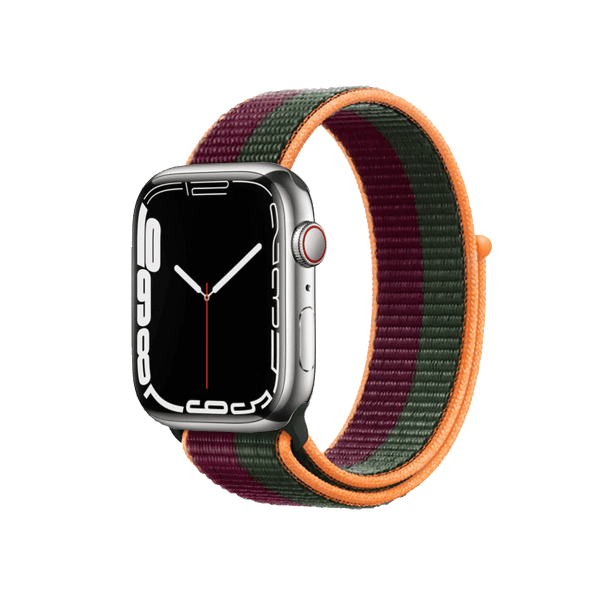 Refurbished Apple Watch Serie 7 | 45mm | Stainless Steel Silber | Dunkelkirsche/Waldgrünes Sportarmband | GPS | WiFi + 4G