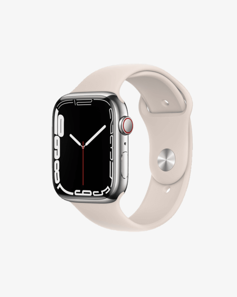 Refurbished Apple Watch Serie 7 | 45mm | Stainless Steel Silber | Starlight Weißes Sportarmband | GPS | WiFi + 4G