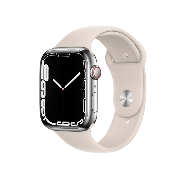 Refurbished Apple Watch Serie 7 | 45mm | Stainless Steel Silber | Starlight Weißes Sportarmband | GPS | WiFi + 4G