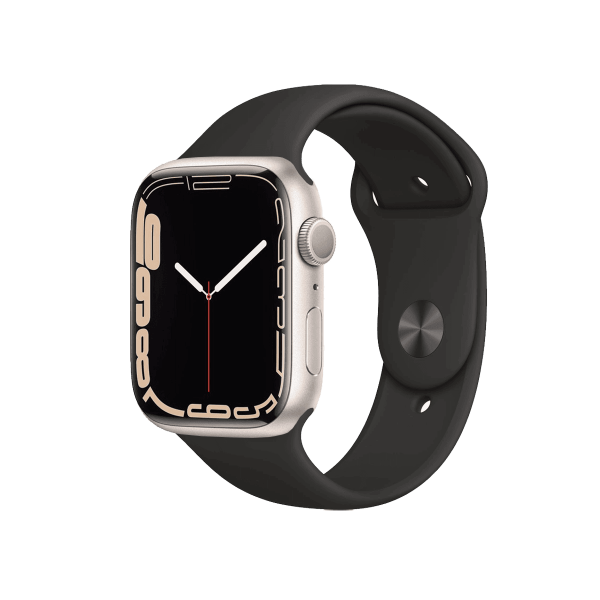 Refurbished Apple Watch Serie 7 | 45mm | Aluminium Starlight Weiß | Schwarzes Sportarmband | GPS | WiFi + 4G