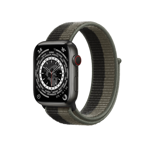Refurbished Apple Watch Serie 7 | 45mm | Titanium Space Schwarz | Tornado/Graues Sportarmband | GPS | WiFi + 4G