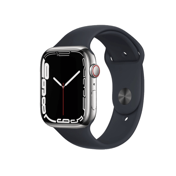 Refurbished Apple Watch Serie 7 | 45mm | Stainless Steel Silber | Mitternachtsblaues Sportarmband | GPS | WiFi + 4G