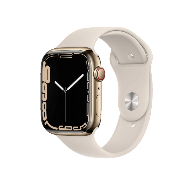 Refurbished Apple Watch Serie 7 | 45mm | Stainless Gold | Antikes Weißes Sportarmband | GPS | WiFi + 4G